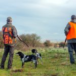 Dwóch francuskich myśliwych w pomarańczowych kamizelkach z bronią i spanielami